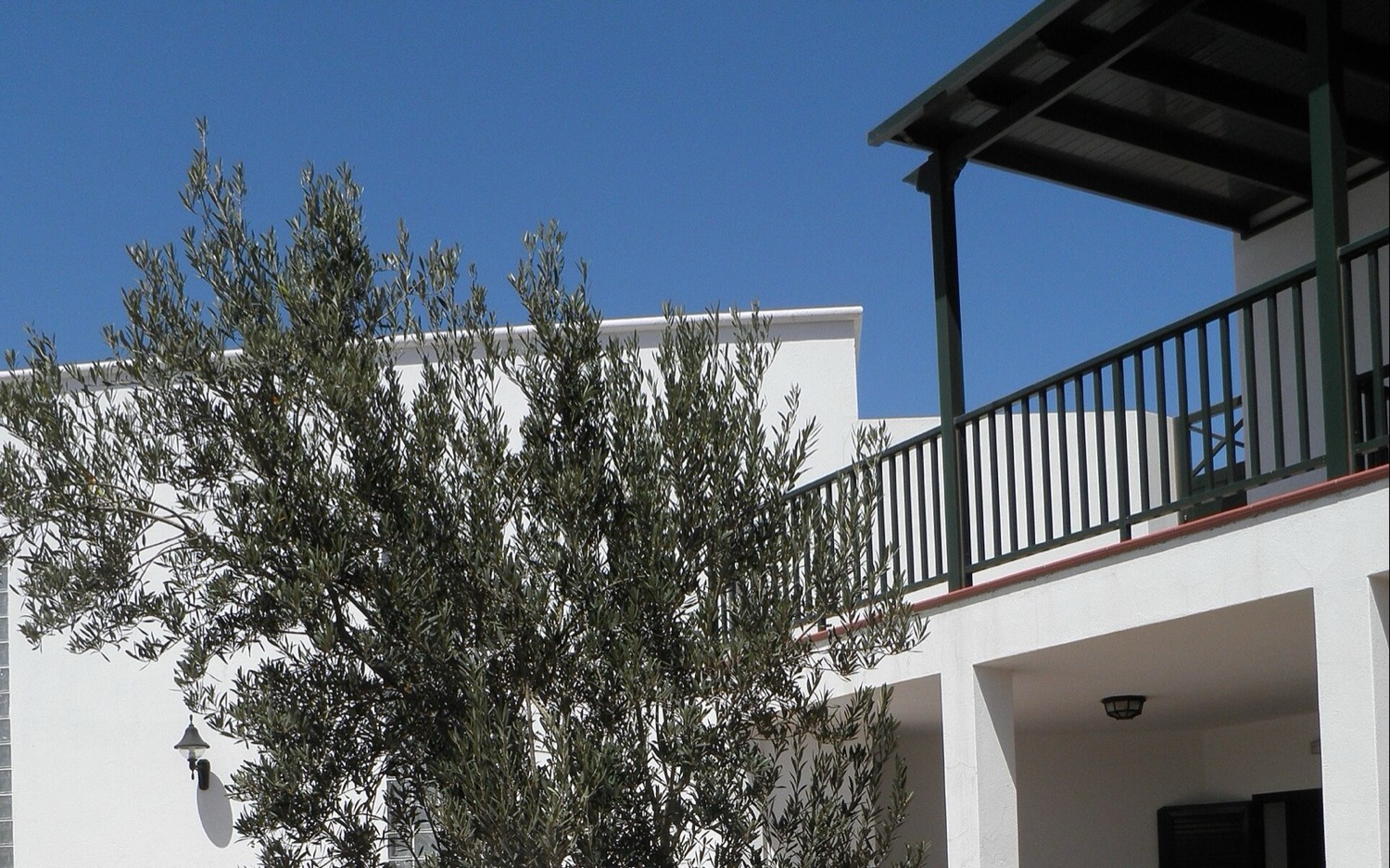 La casa de José Saramago en Tías: fachada blanca, un olivo delante y una galería con barandilla verde bajo el cielo azul.