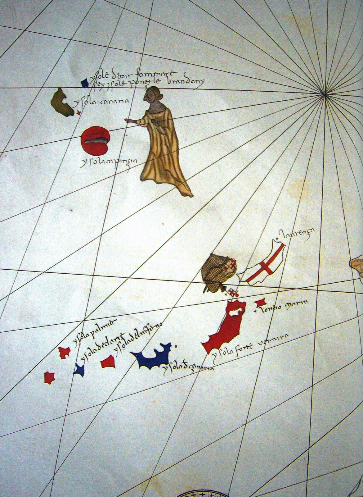 Detalle de una carta náutica medieval: las Canarias pintadas en rojo y azul y, más al oeste, la figura de san Brendan junto a sus islas.